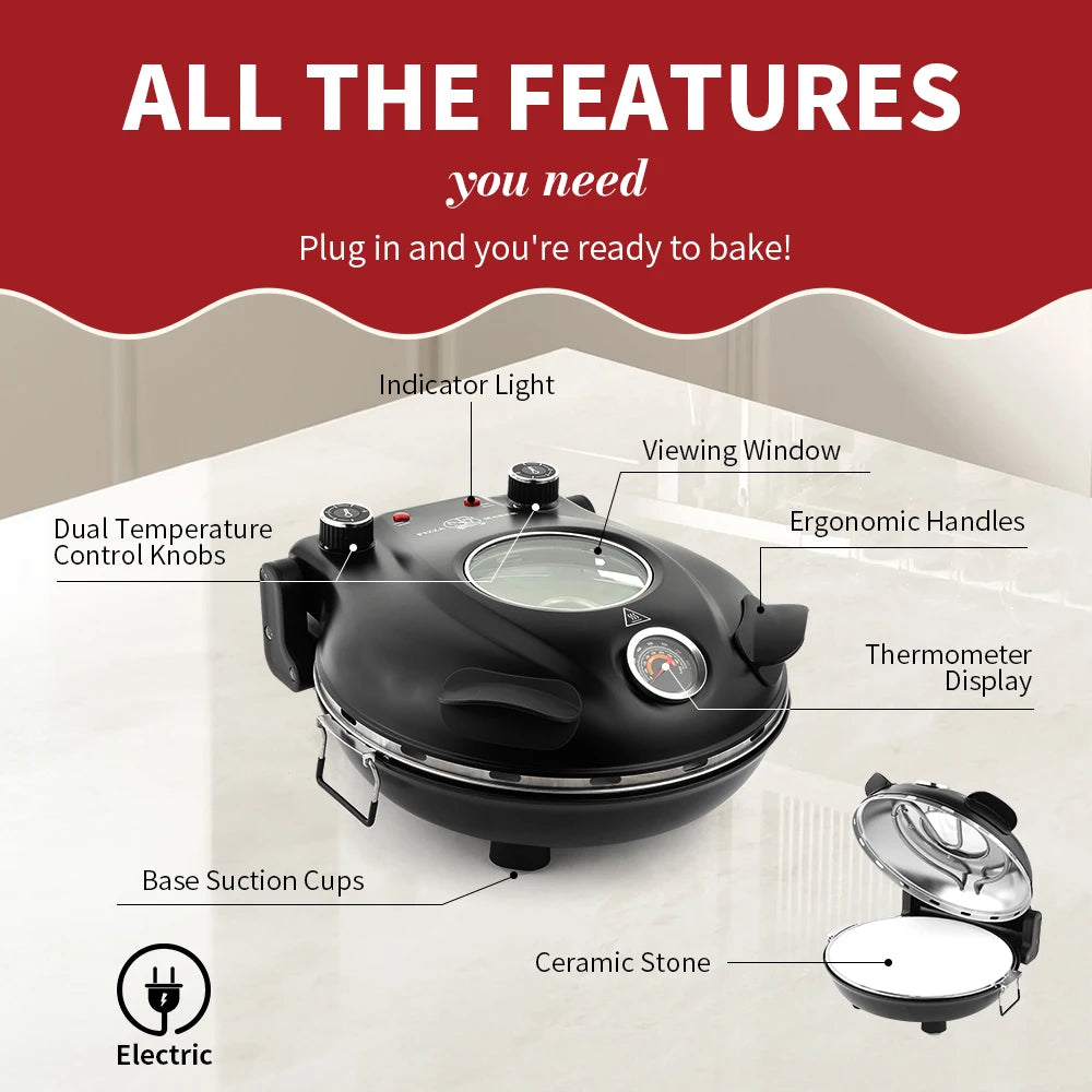 Machine à Pizza Électrique 360° — Cuisson Parfaite en 10 Minutes